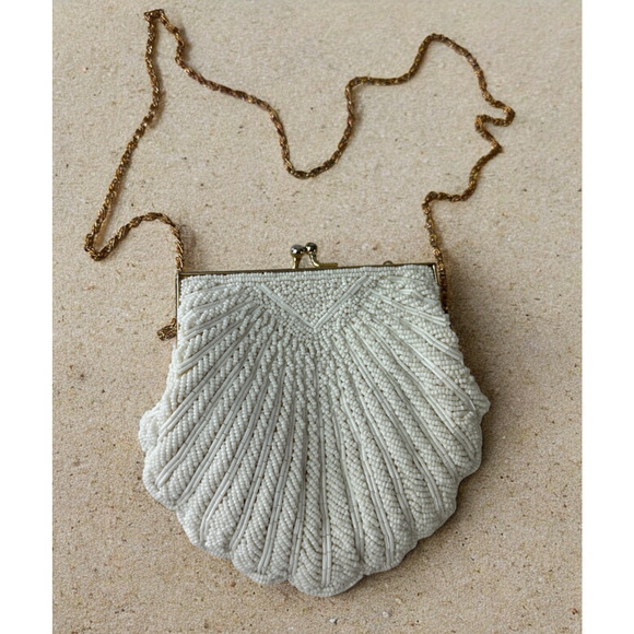 Vintage Walborg Mini Beaded Satin Clamshell Gatsby Purse Gold Color Chain Strap - Picture 13 of 13